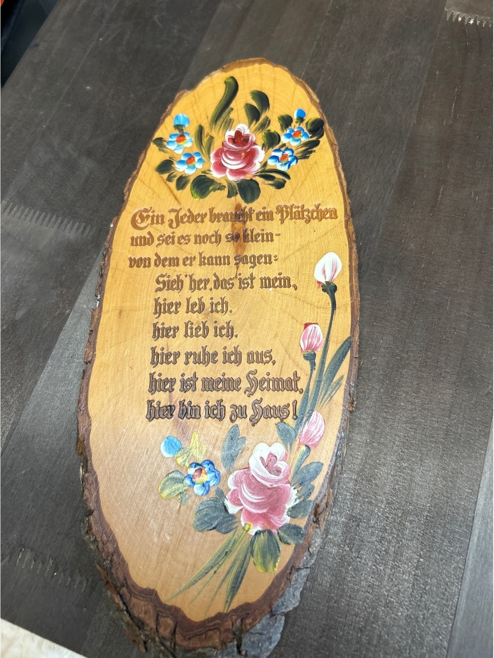 Vintage Hand-Painted Wooden Plaque with German Poem and Floral Design